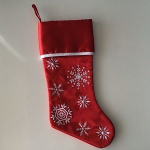 Martha Stewart red satin Christmas stocking with white embroidered snowflakes